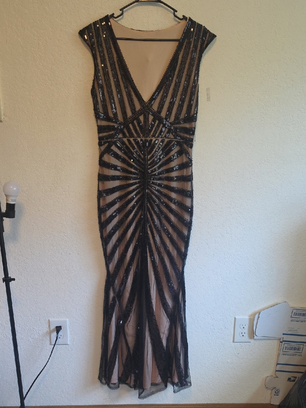 Black Sequin Sheer-Panel V-Neck Evening Dress
